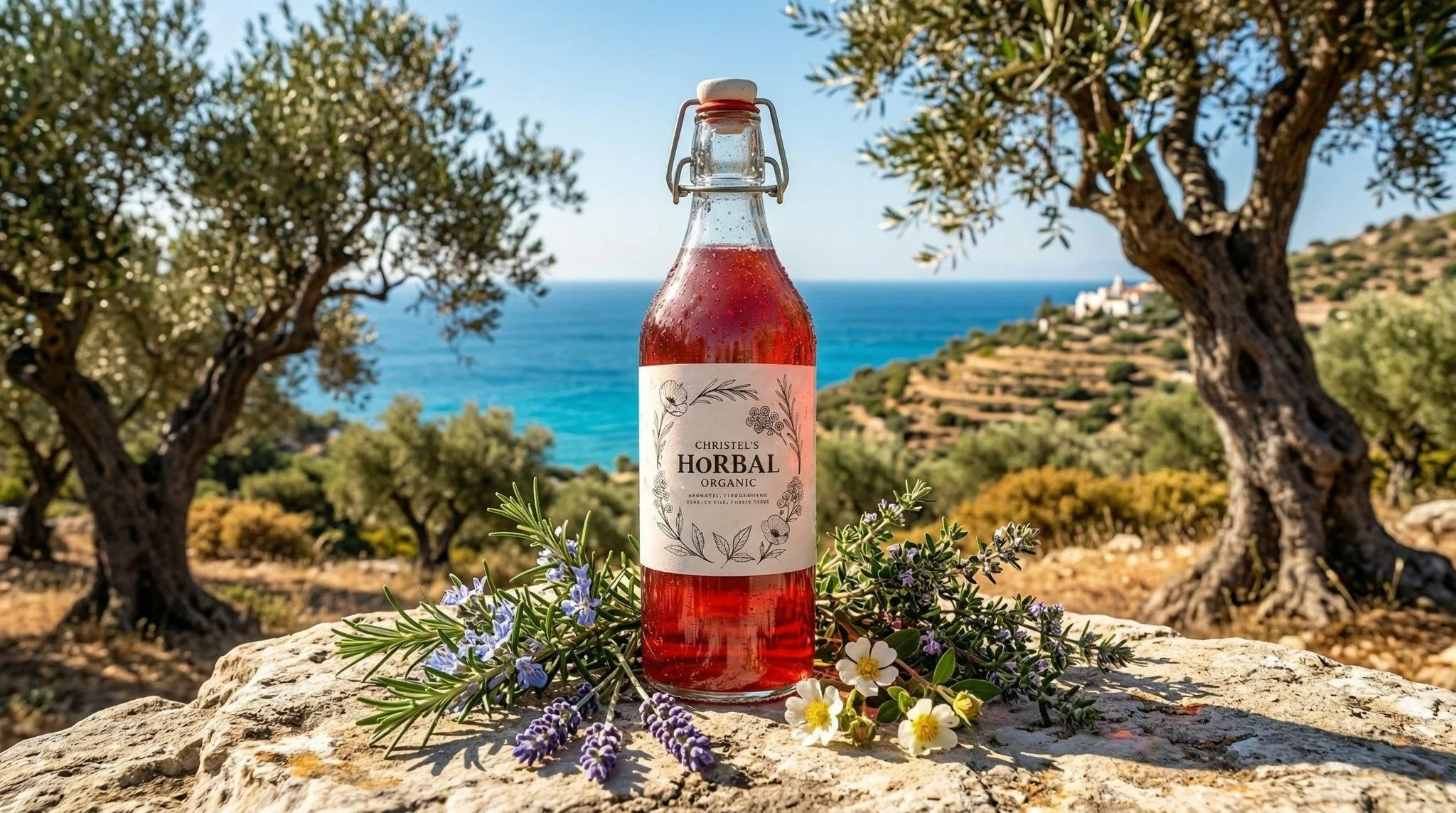 Christel's Horbal Mediterranean Dream bottle on a warm botanical backdrop.