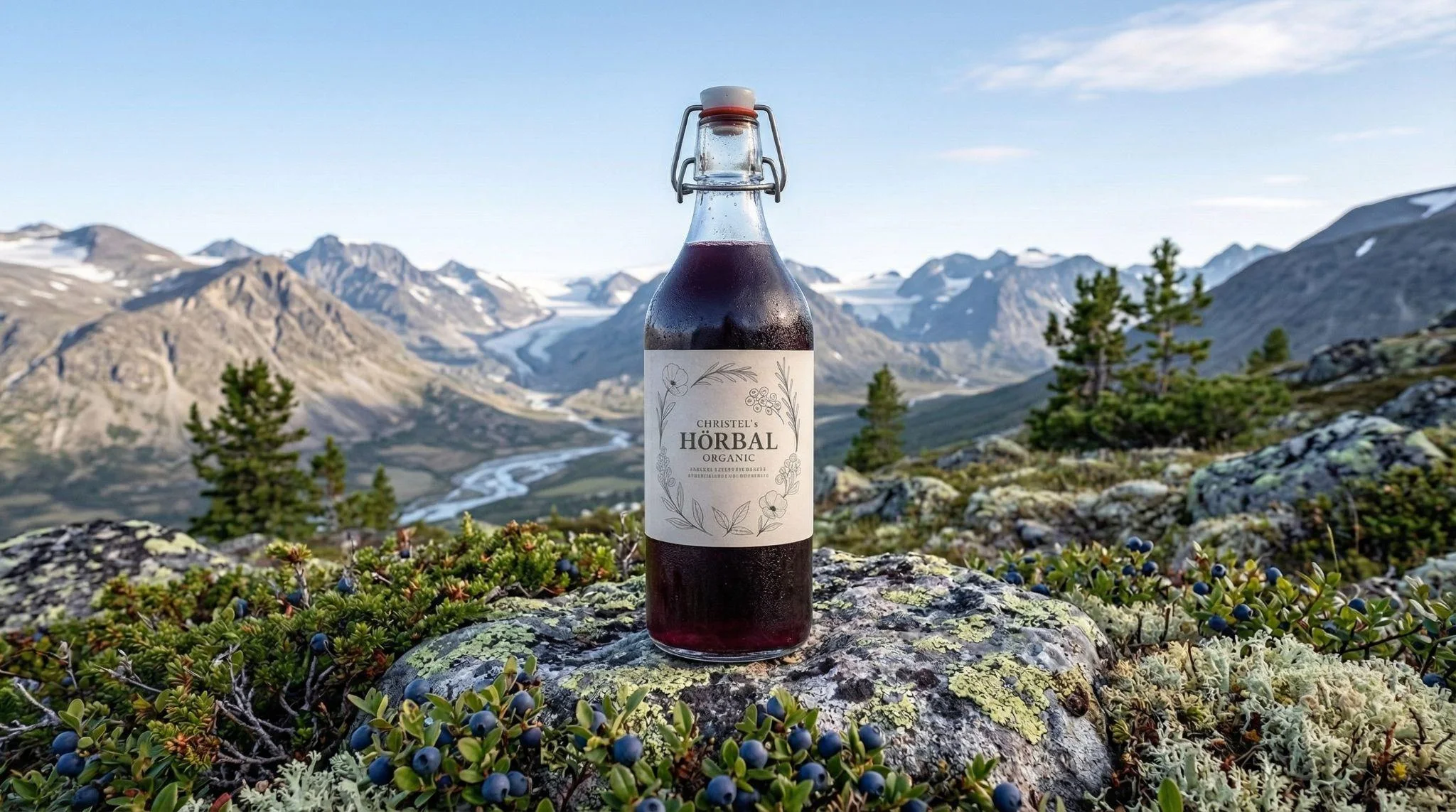 Christel's Horbal Nordic Forest bottle on a cool botanical backdrop.